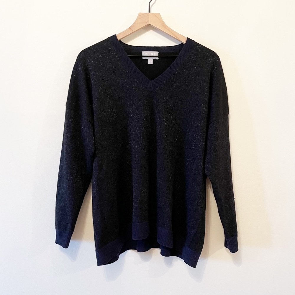 Pure Collection 100% Cashmere Navy With Woven Silver V-Neck Sweater Size 12